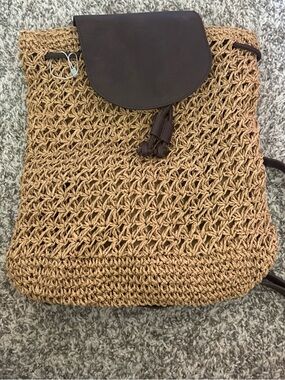 Crown Vintage Woven Straw Backpack with Dark Brown Leather Flap